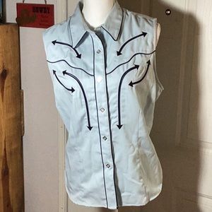 vintage Roper sleeveless snap down shirt XLg light blue